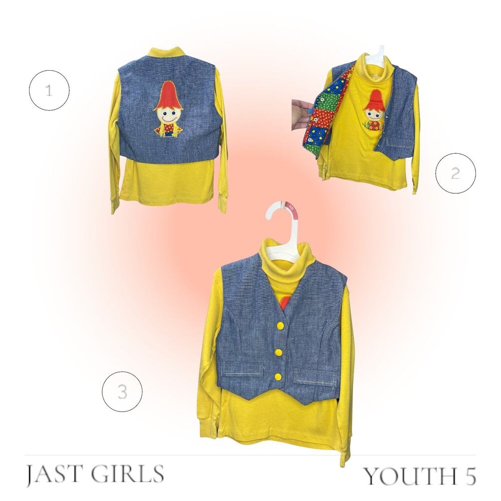 Vintage 70s Jast Girls 2pc Set Youth 5 Denim Vest Yellow Top Yarn Appliqué